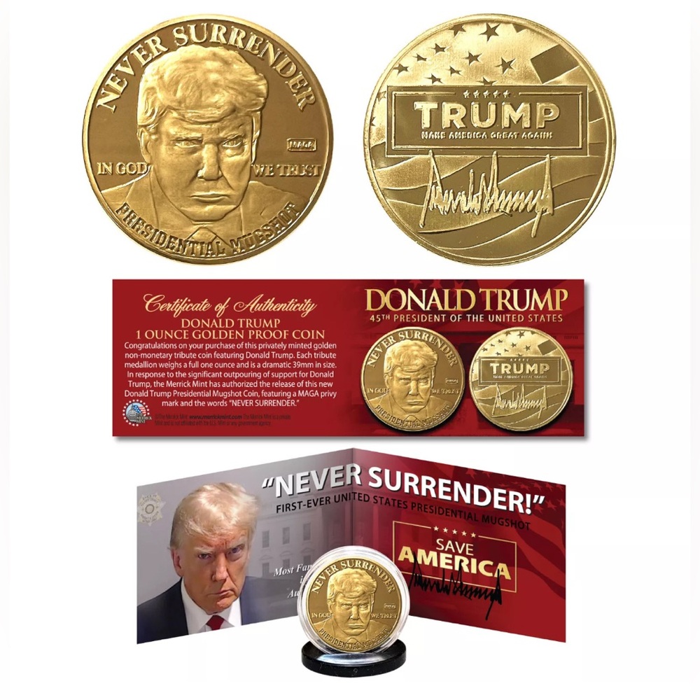 Donald Trump MUGSHOT Golden Proof 1 OZ 39mm Tribute Coin with Panoramic COA
